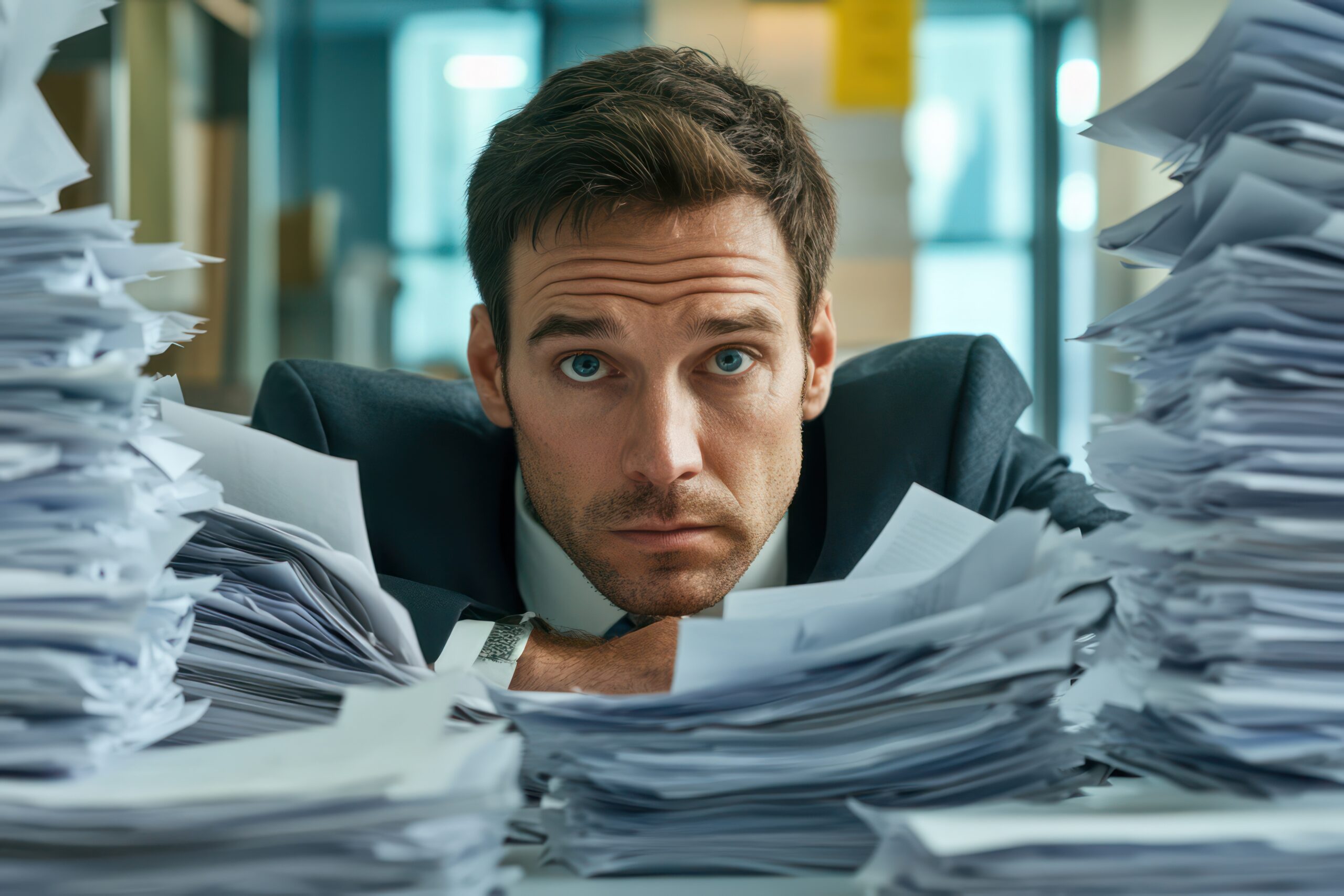 Homme d'affaires débordé entouré de piles de documents à son bureau, illustrant les défis de la gestion manuelle du papier.