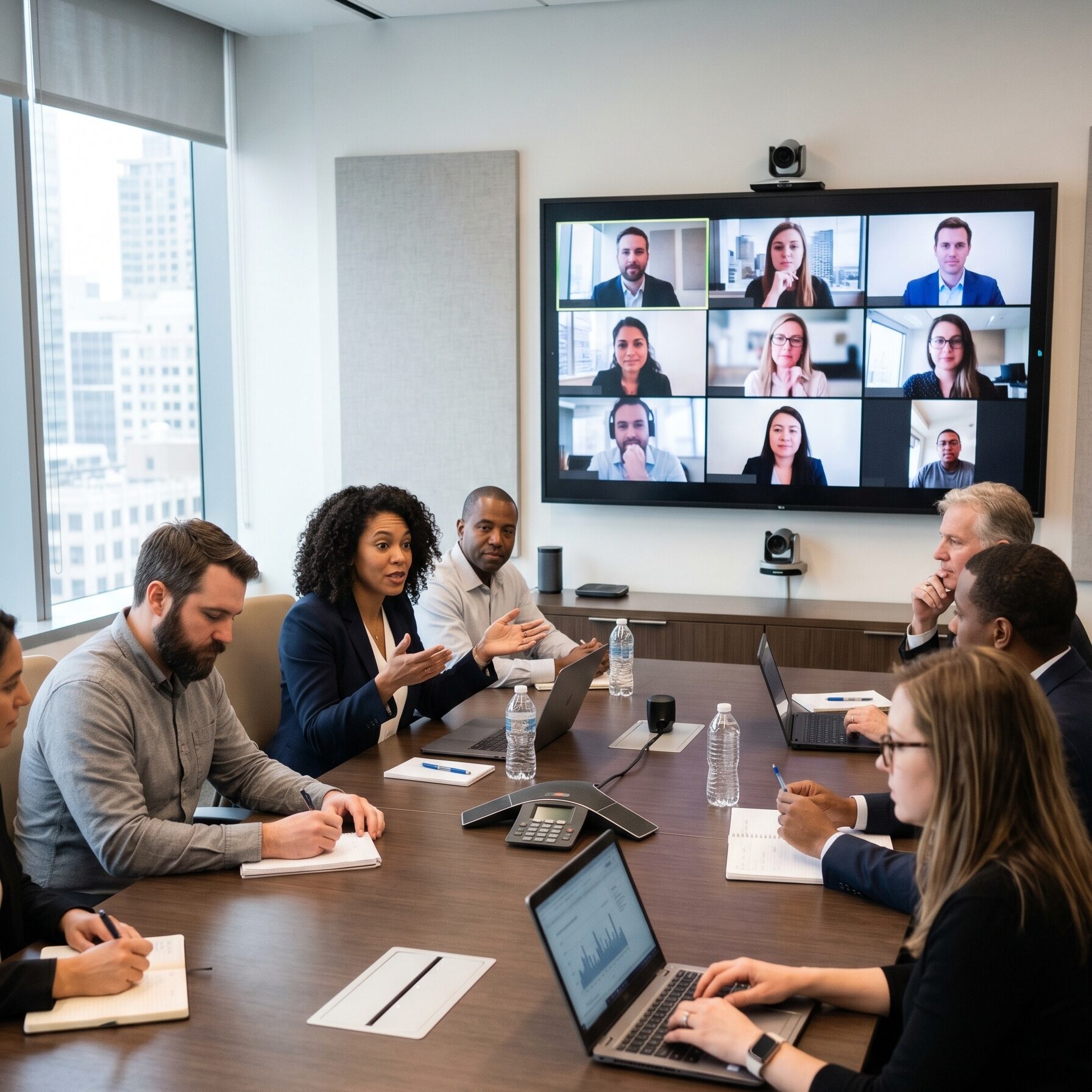 Équipe en salle de réunion moderne participant à une visioconférence avec des collaborateurs à distance sur grand écran.