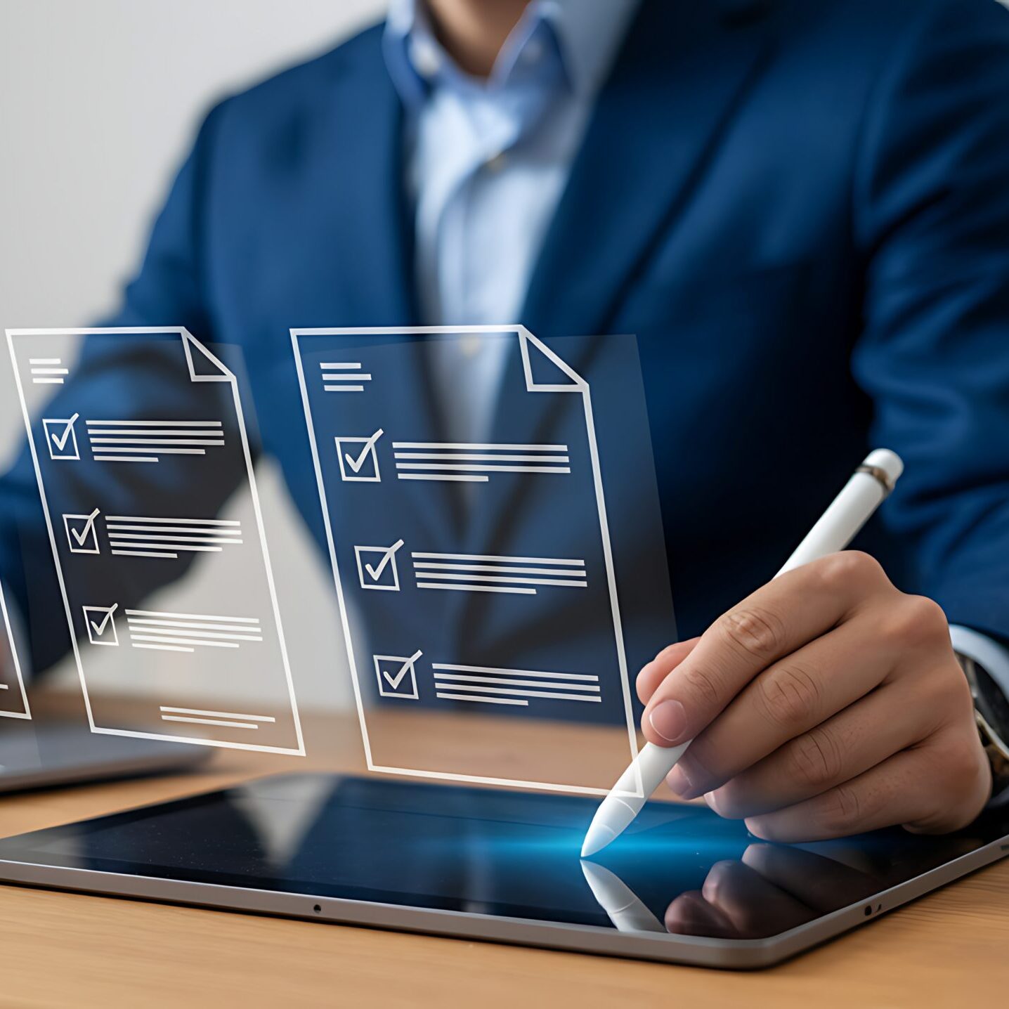 Professionnel utilisant une tablette numérique pour gérer des documents électroniques et optimiser les processus de travail en toute efficacité.