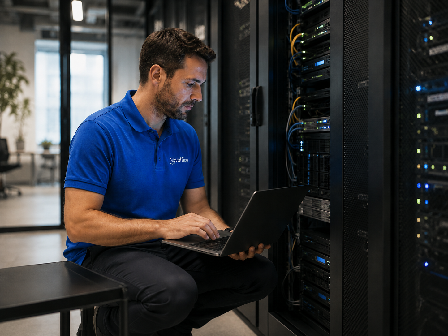 IT Server — Novoffice technician in blue polo consulting a laptop facing a server cabinet equipped with network cables and lights…