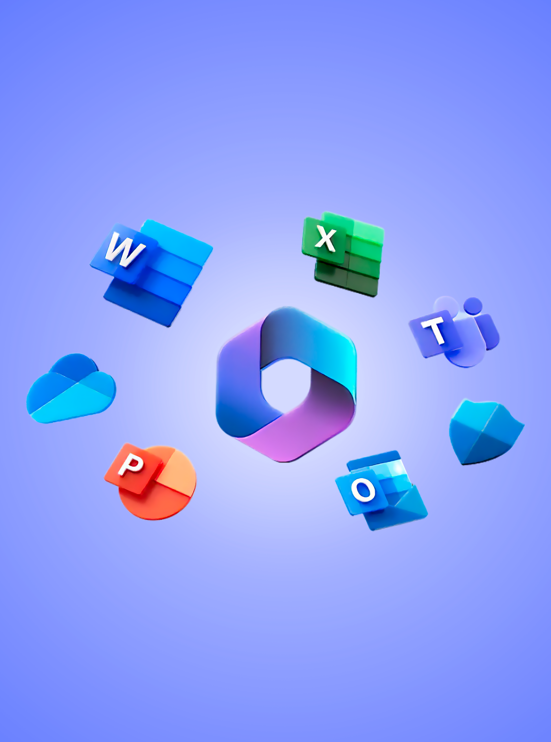 Logos des applications Microsoft 365 disposés autour du symbole central de Microsoft, incluant Word, Excel, Teams, Outlook et OneDrive sur fond bleu…