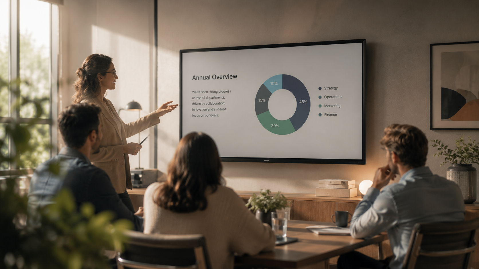Big Screen Meeting — a woman presents an annual overview on a wall screen to four colleagues sitting around a meeting table in an office