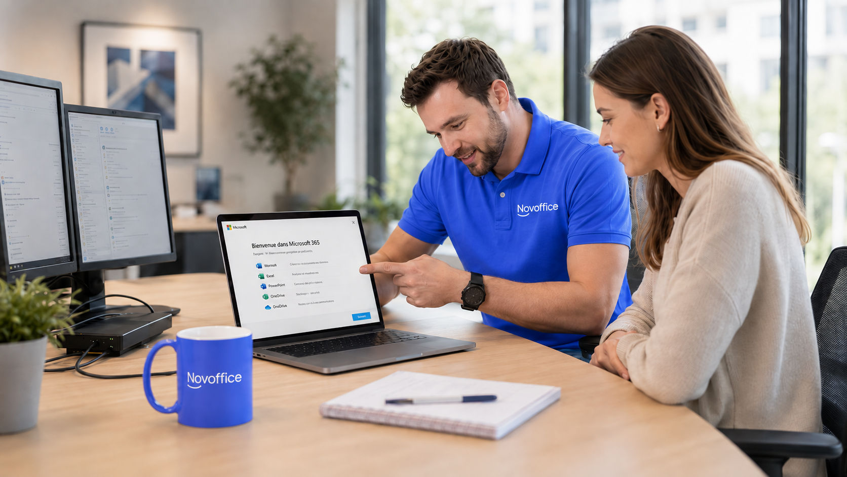 A Novoffice consultant in a blue polo explains a Microsoft 365 solution on a laptop to a client in a bright modern office.