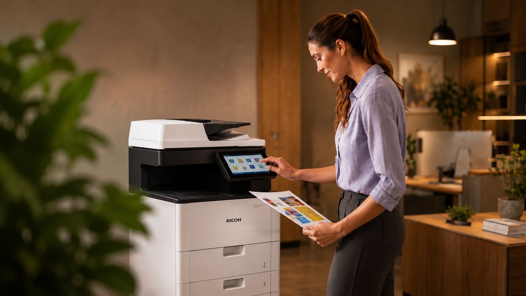 Ricoh Header Woman — een vrouw raadpleegt het touchscreen van een Ricoh kleurencopier in een modern kantoor.