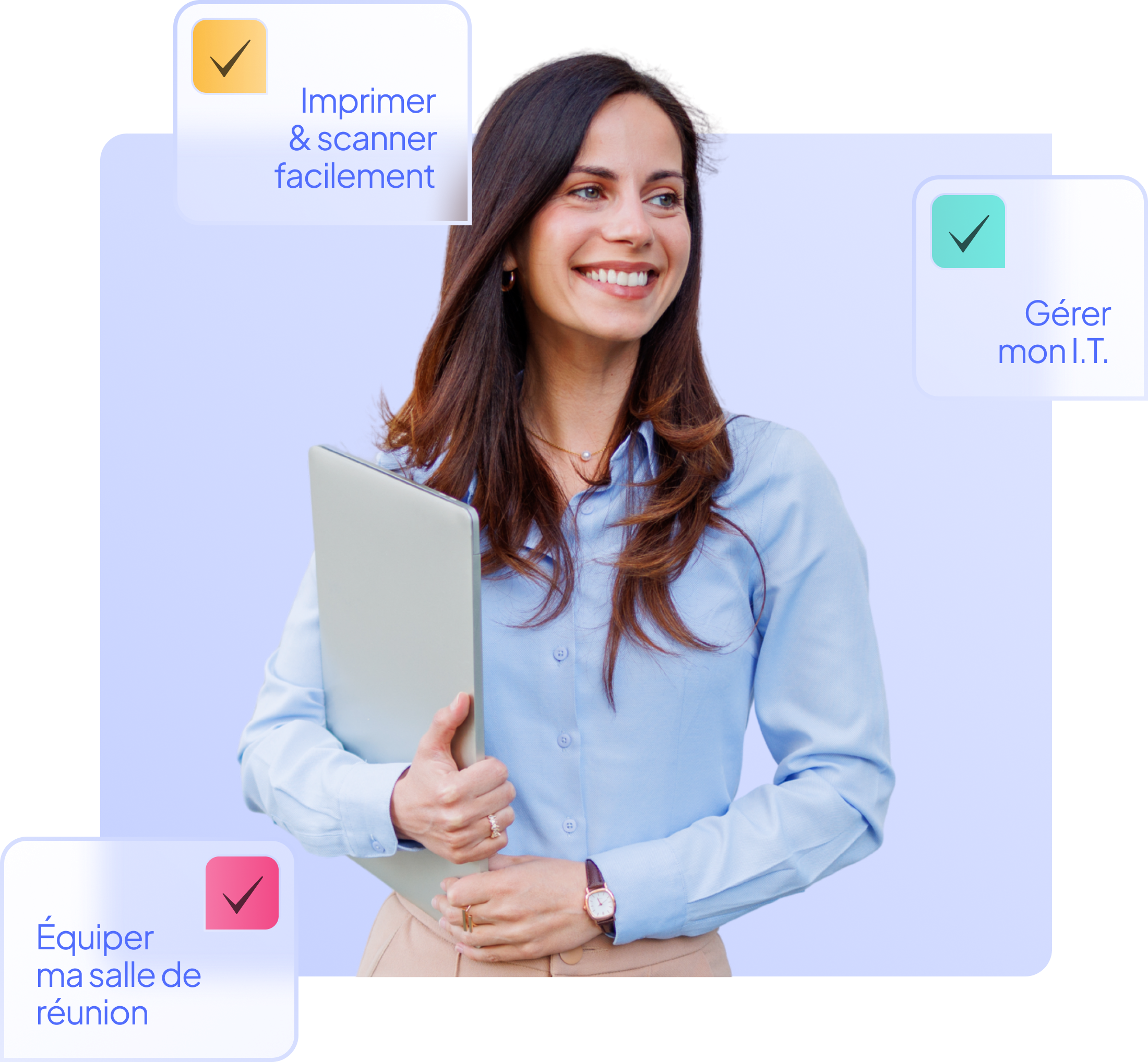 A smiling woman holding a tablet, surrounded by Novoffice’s three key messages: print and scan with ease, manage my IT, and kit out my meeting room