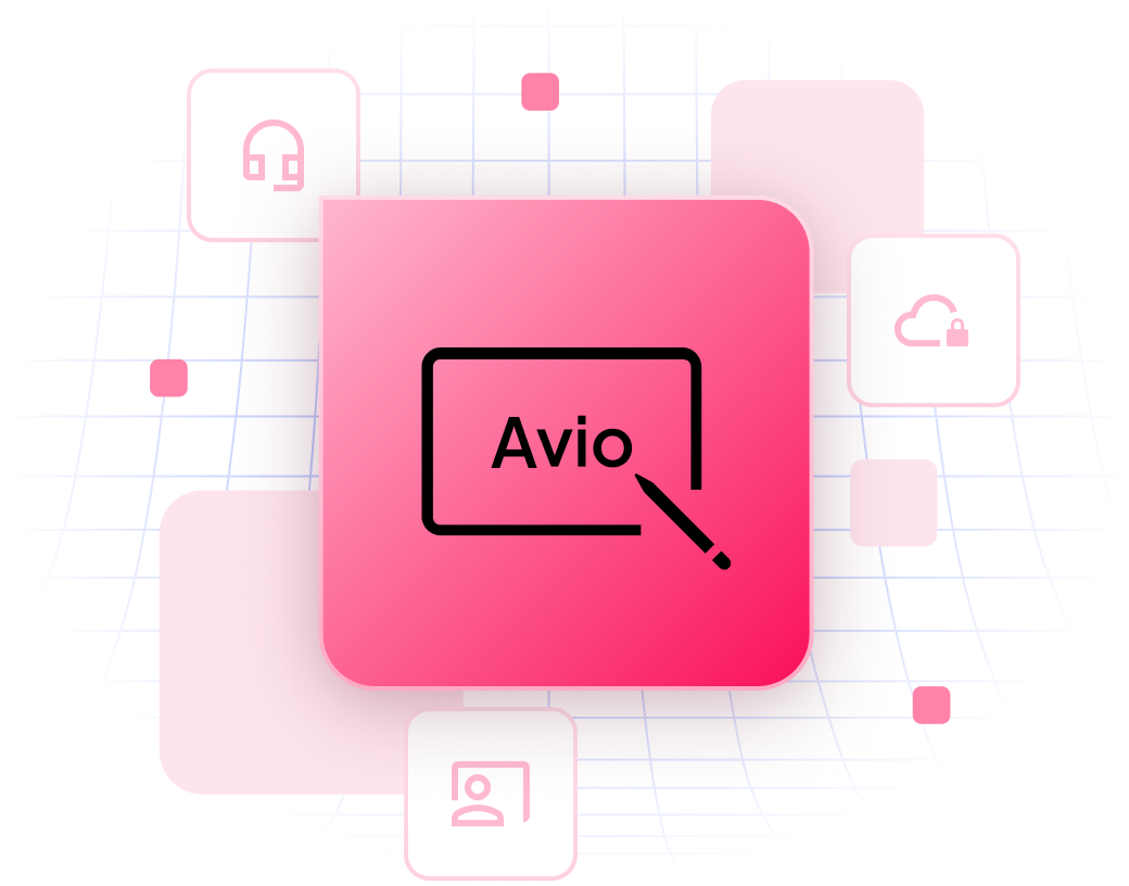 Illustration showing the Novoffice Avio ecosystem: Equip my meeting room