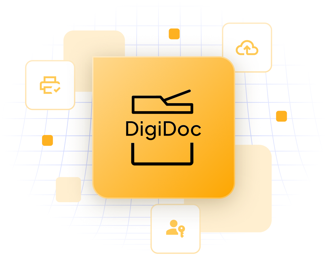 Illustration showing the Novoffice DigiDoc ecosystem: print & scan easily